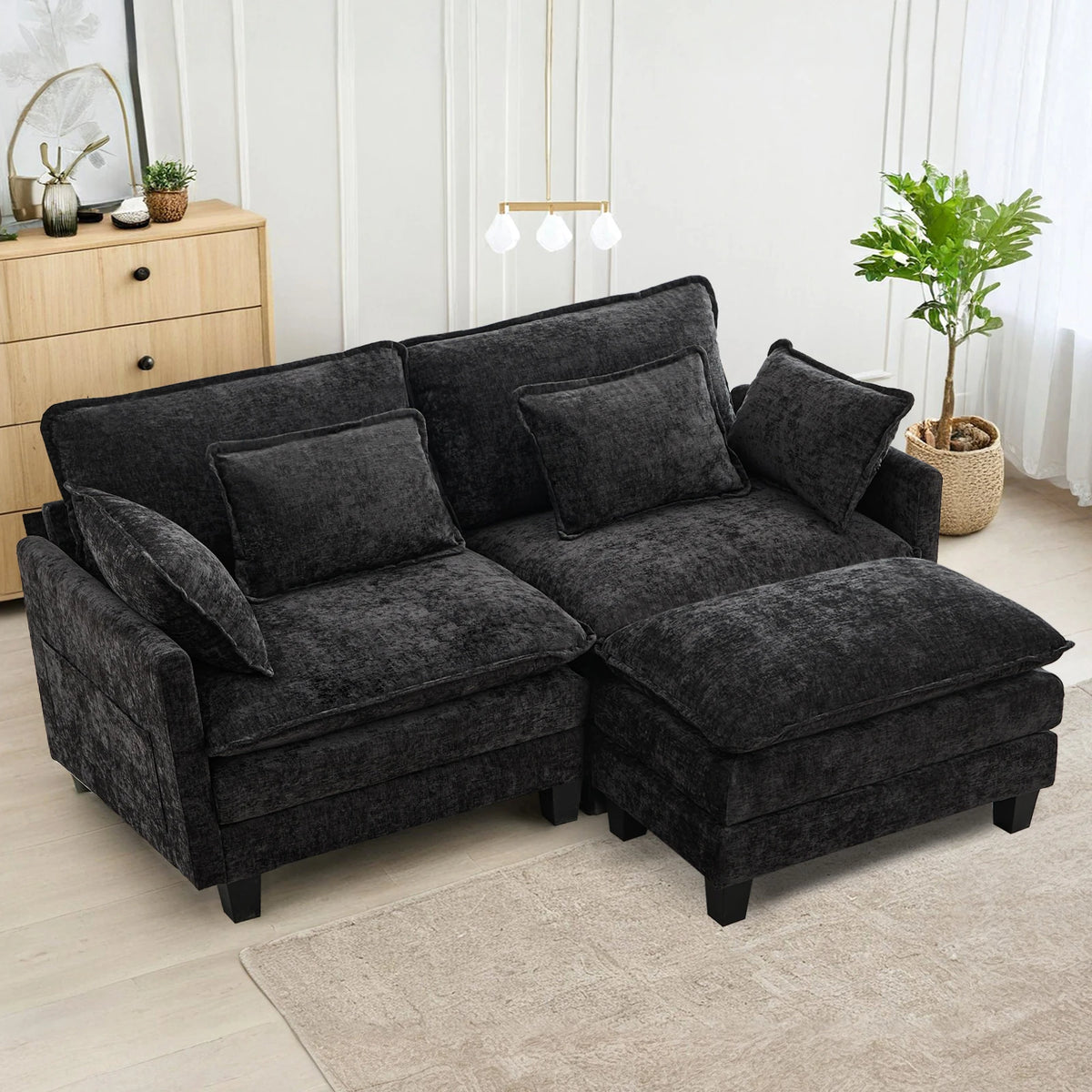 TCGBKAF 77.6 inch L Shape Cloud Couch, 2-Seater Chenille Modular Sectional Sofa with Ottoman, Deep Seat Upholstered Sofa with Pillows for Home Living Room Apartment