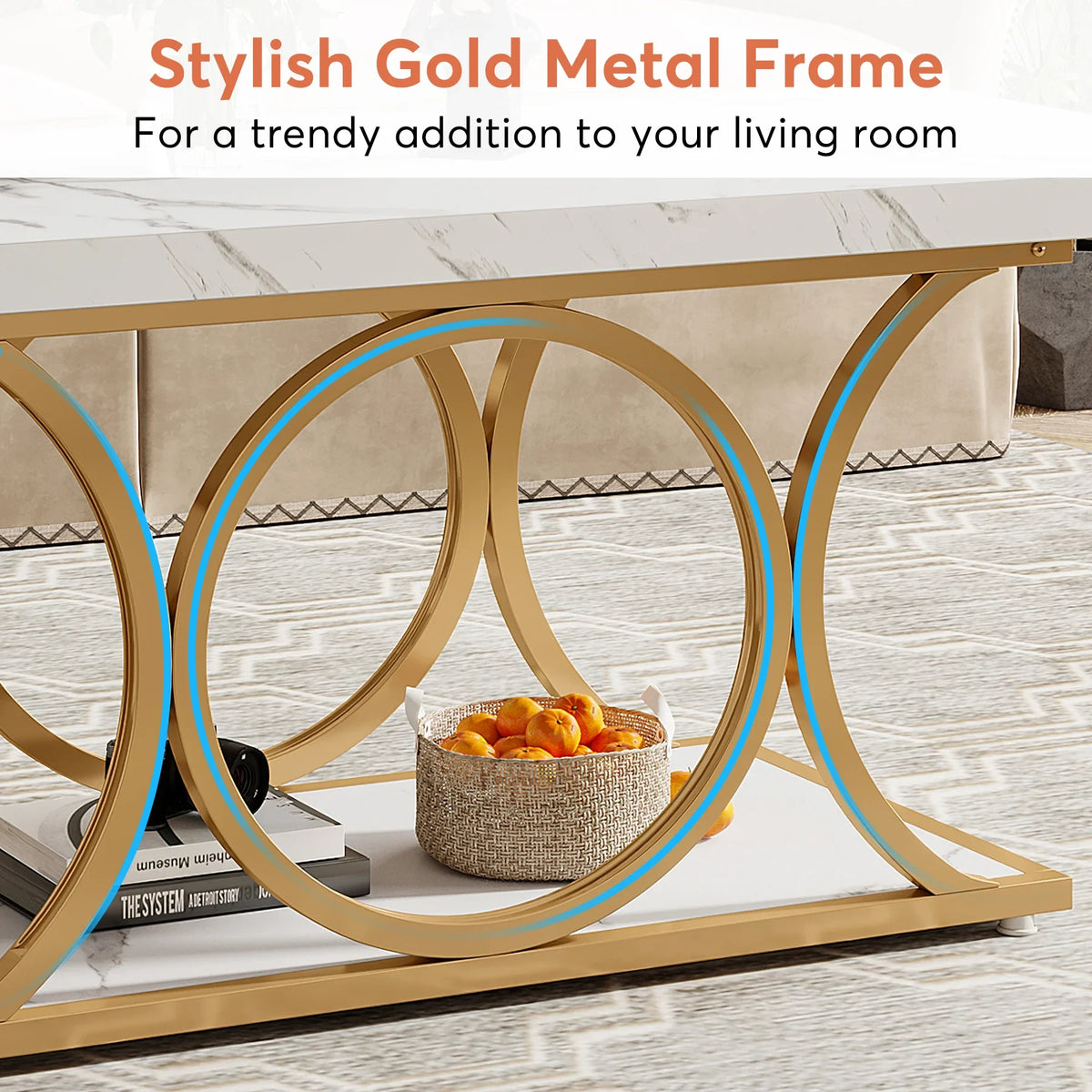Rectangle Coffee Table, 47.24-inch Modern Coffee Tables for Living Room, 2-Tier Faux Marble Wood Coffee Table