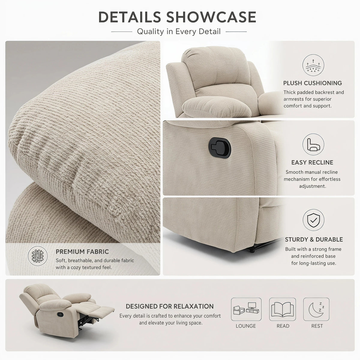 35.43-Inch Manual Armchair With Adjustable Backrest and Telescopic Footrest Single-Person Lounge Chair Equipped With Armrests for Living Room Bedroom Home Theater Children's Room and Apartment