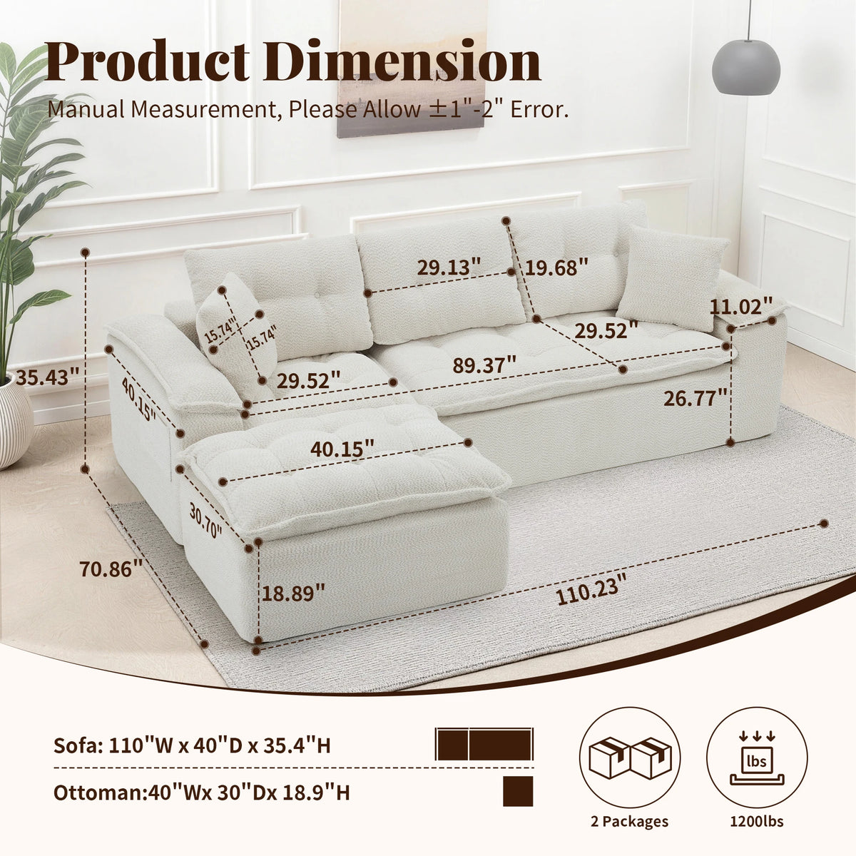 110" Modern L Shape Boneless Cloud Sectional Sofa, Chenille Deep Seat Modular Couch with Ottoman, No Assembly Needed
