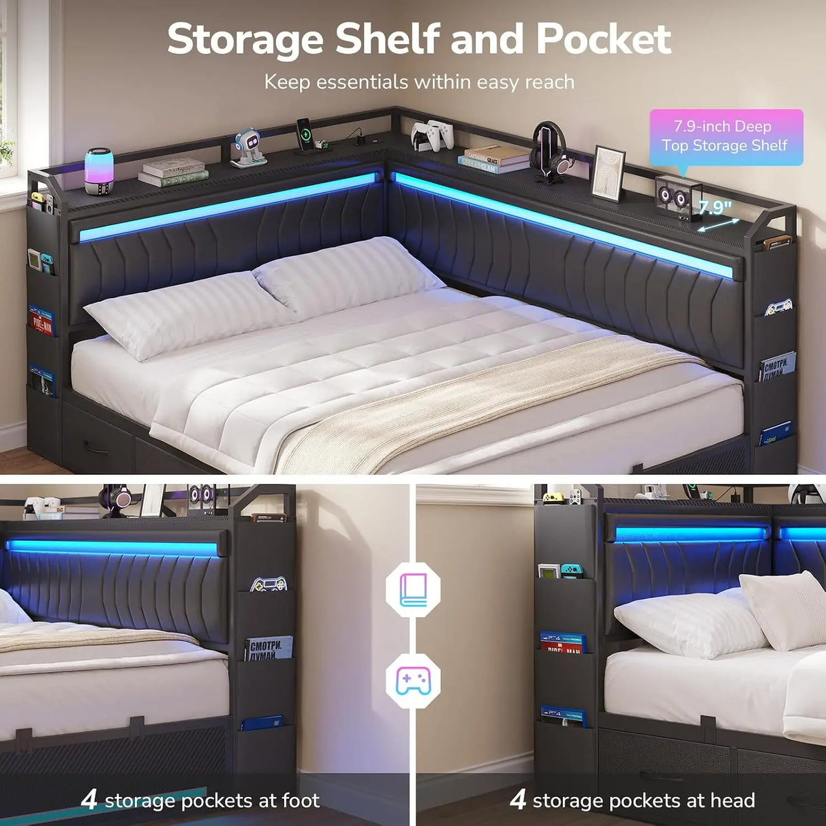 Queen Corner Bed Frame with 4 Storage Drawers,Open Shelves,Charging Station Gaming Bed with LED Lights,Esports-Style Queen