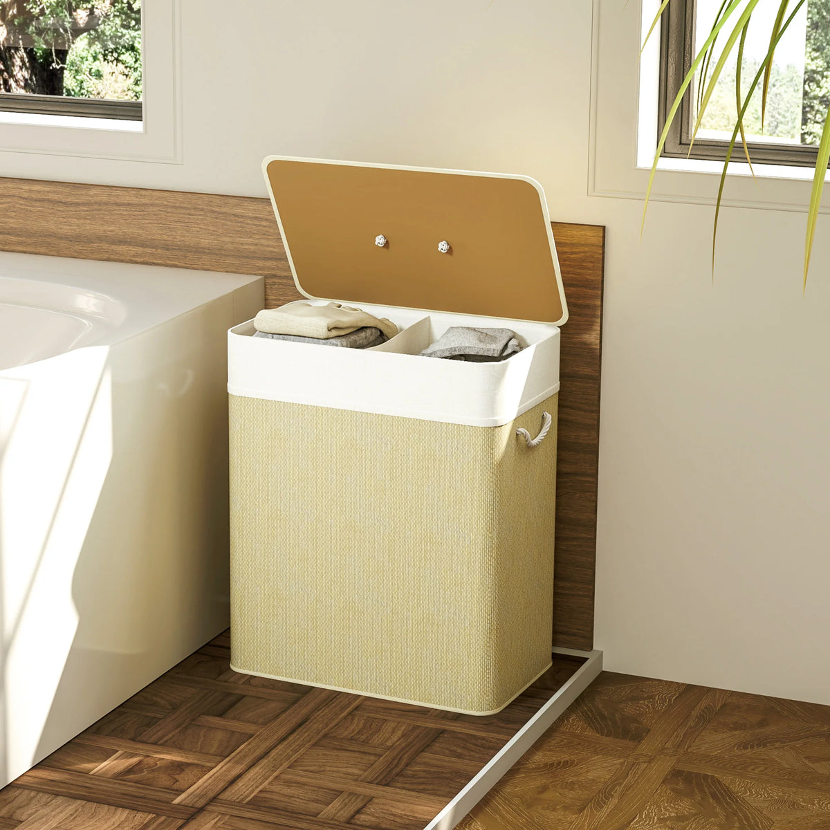 Double Laundry Basket with Lid, 26.4 Gallon Bamboo Laundry Hamper with Rope Handles, Clothes Hamper with Removable Liner for Bathroom, Bedroom, Natural
