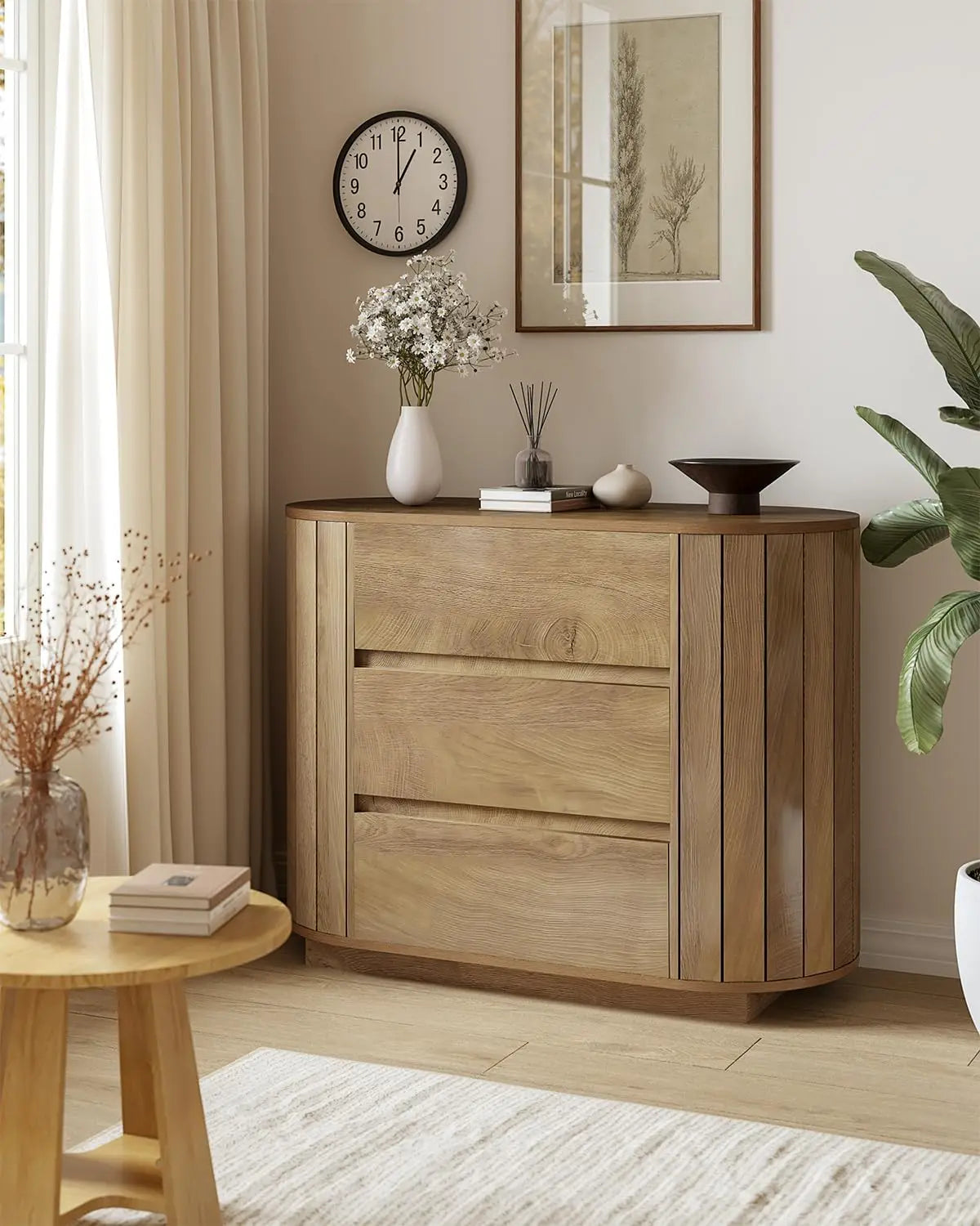 Oversized Oak Nightstand Set of 2, Large Wood Night Stands with Slatted Side Design, Modern Dresser with 3 Drawers for Bedroom and Entryway, 2 Pieces