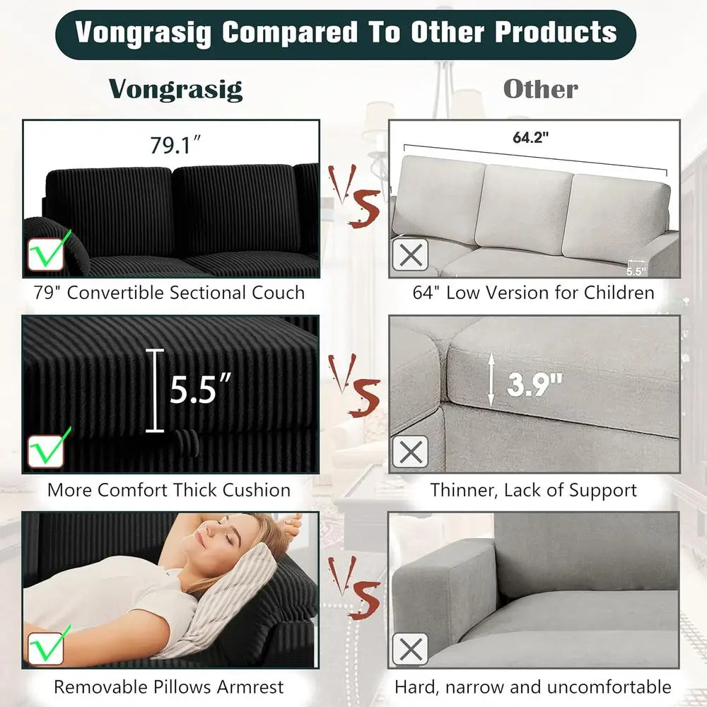 79" Convertible Sectional Couch Sofa with Storage Ottoman, 3 Seat L Shaped Couch with Side Storage