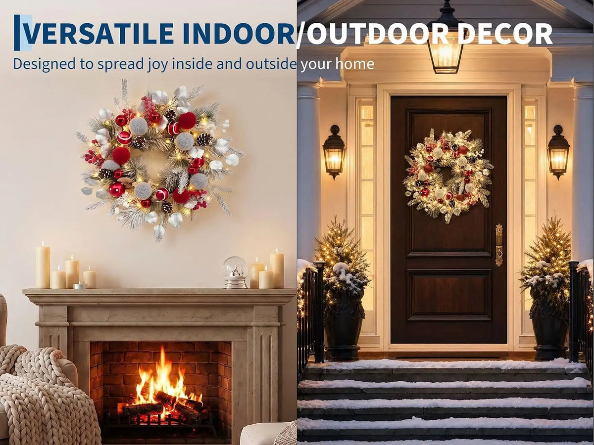 24inch Christmas Wreath Velvet Ball 20 Heads 8-Function Lights Timer LED PVC Simulated Retro Style Home Decoration, Suitable for: Front Door, Window Wall Decor Wreath Velvet Ball 20 Heads 8-Function Lights Timer LED PVC