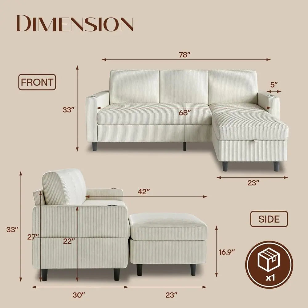 Convertible Sectional Couches or Living Room, 3 Seats L Shaped Sofa with Storage Ottoman & 2 Cup Holders, Corduroy Couch