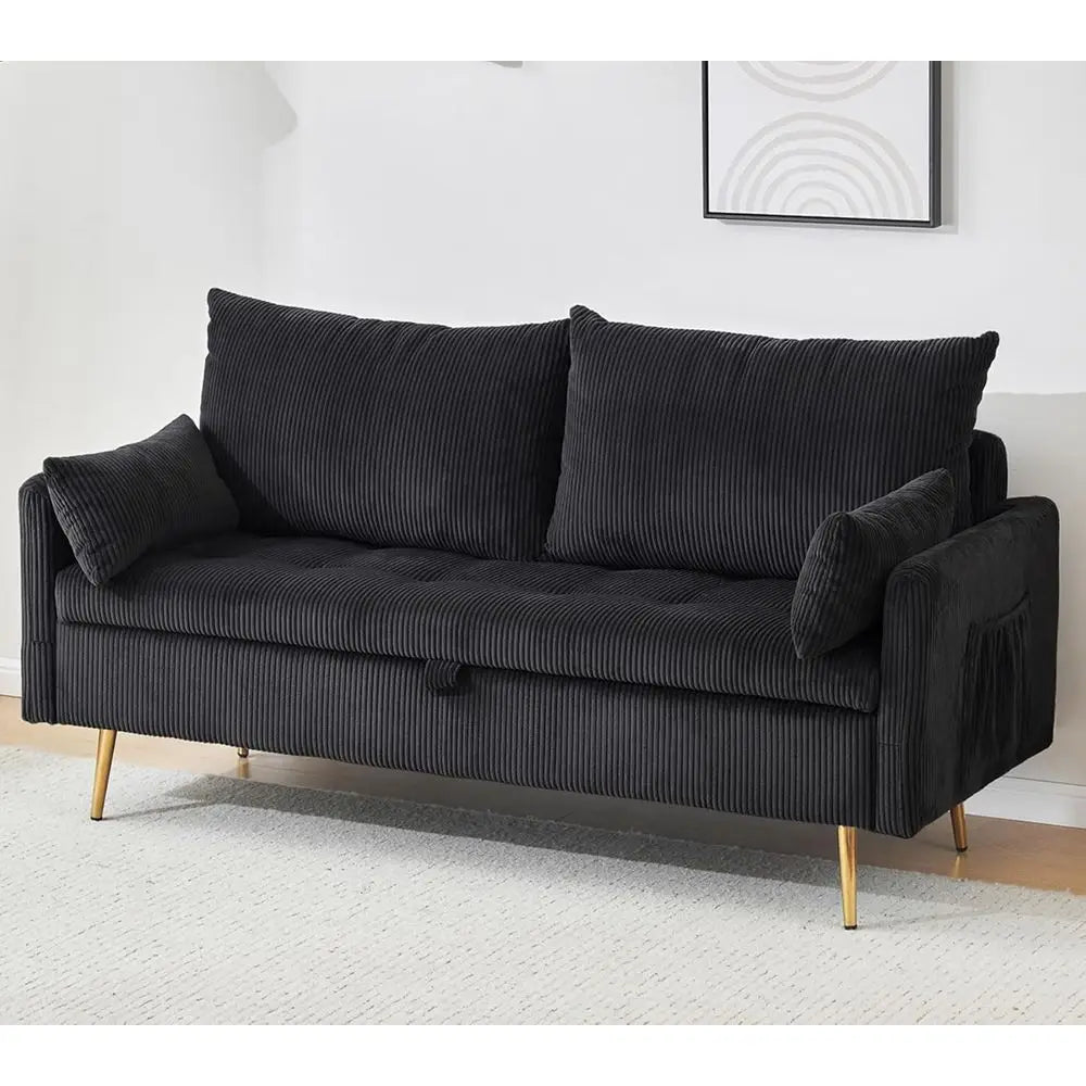 Black Loveseat Sofa with Hidden Storage, Upholstered 2 Seater Couch with Gold Metal Legs, Small Space Living Room Sofa