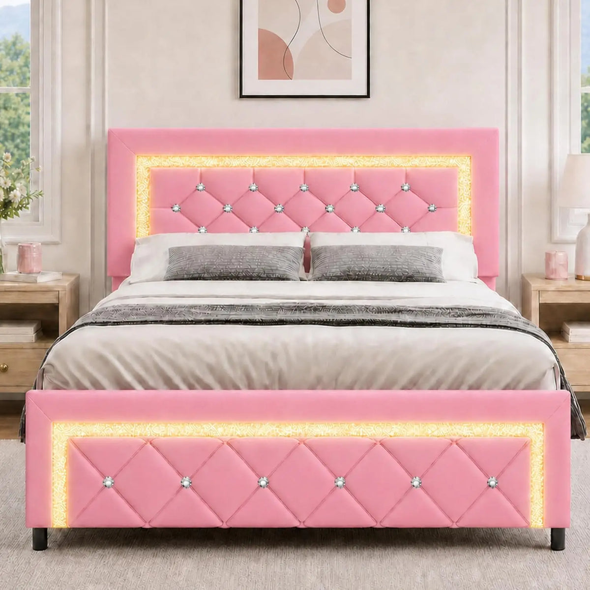 Queen Bed Frame LED Diamond Tufted Headboard Black, Customized