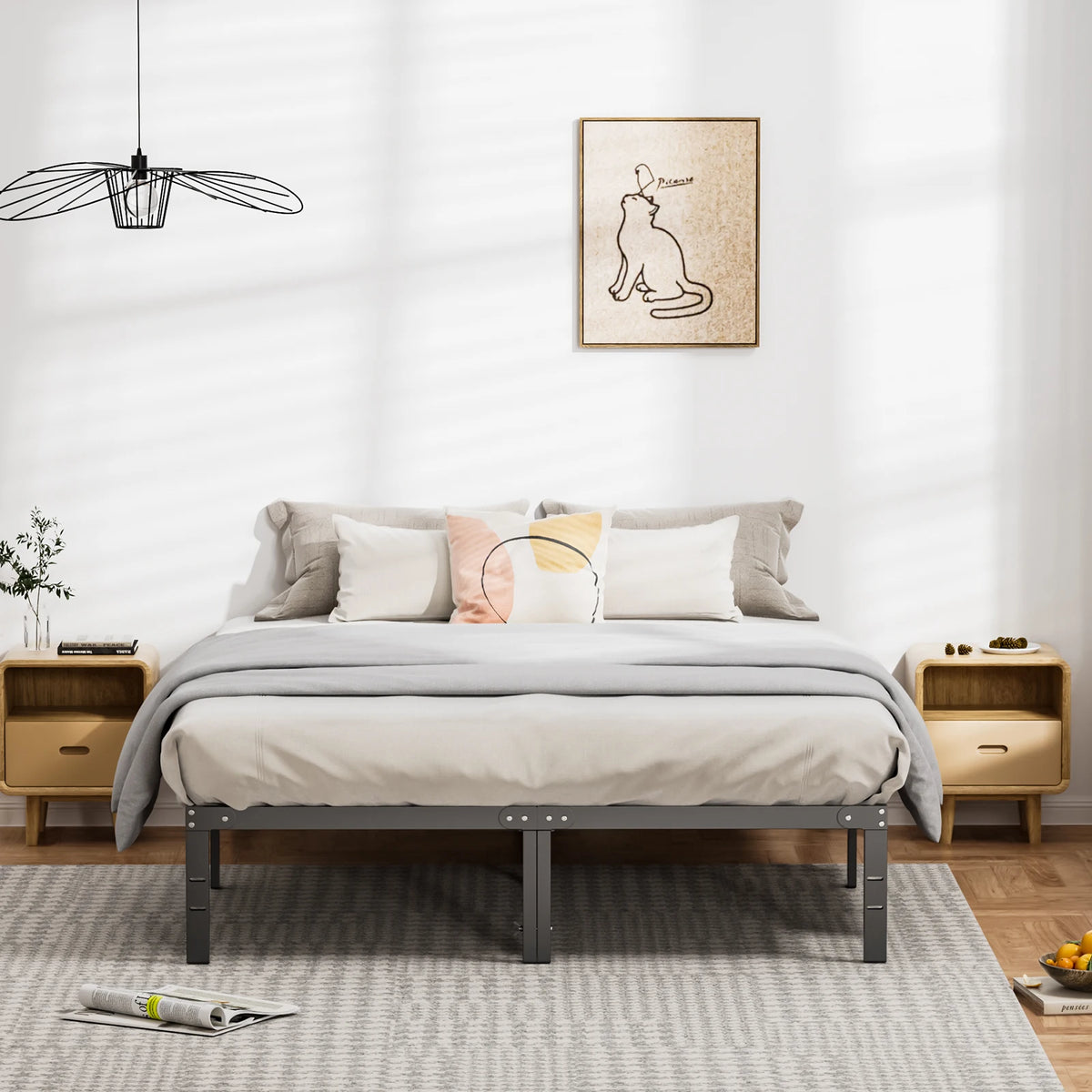 18IN Tall Basic Metal Platform Bed Frame Sturdy Steel Heavy Duty with Storage Space Bedroom Frames Slat Support For Home