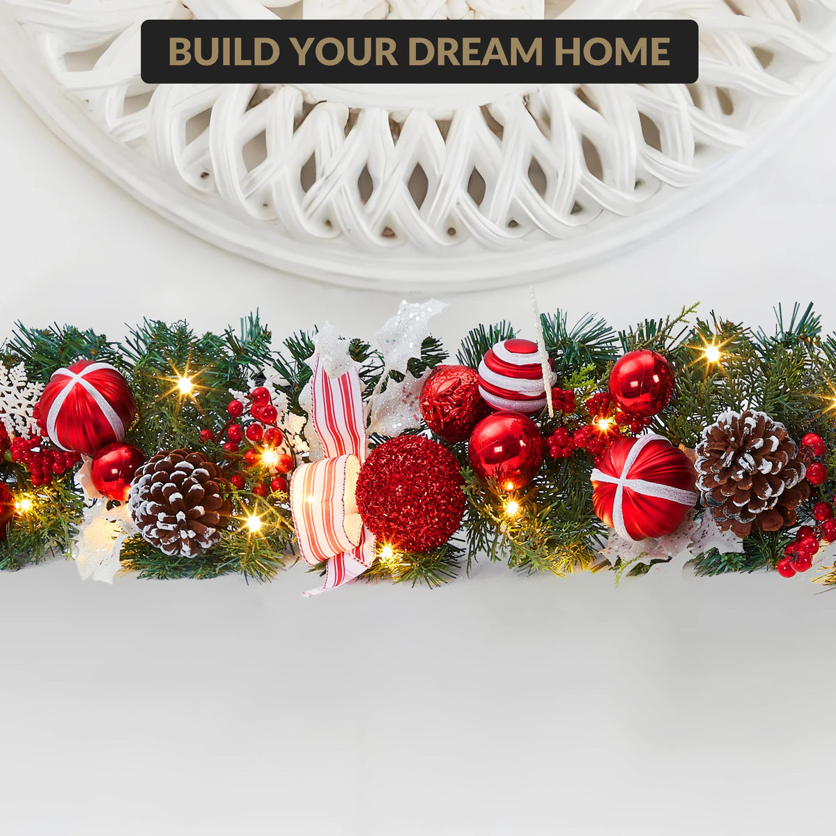 6ft Pre-Lit Christmas Garland with LED Lights, Pine Cones, Berries & Ribbons – Battery Powered Artificial Holiday Decor for Door, Mantle, Stairs – Red and White