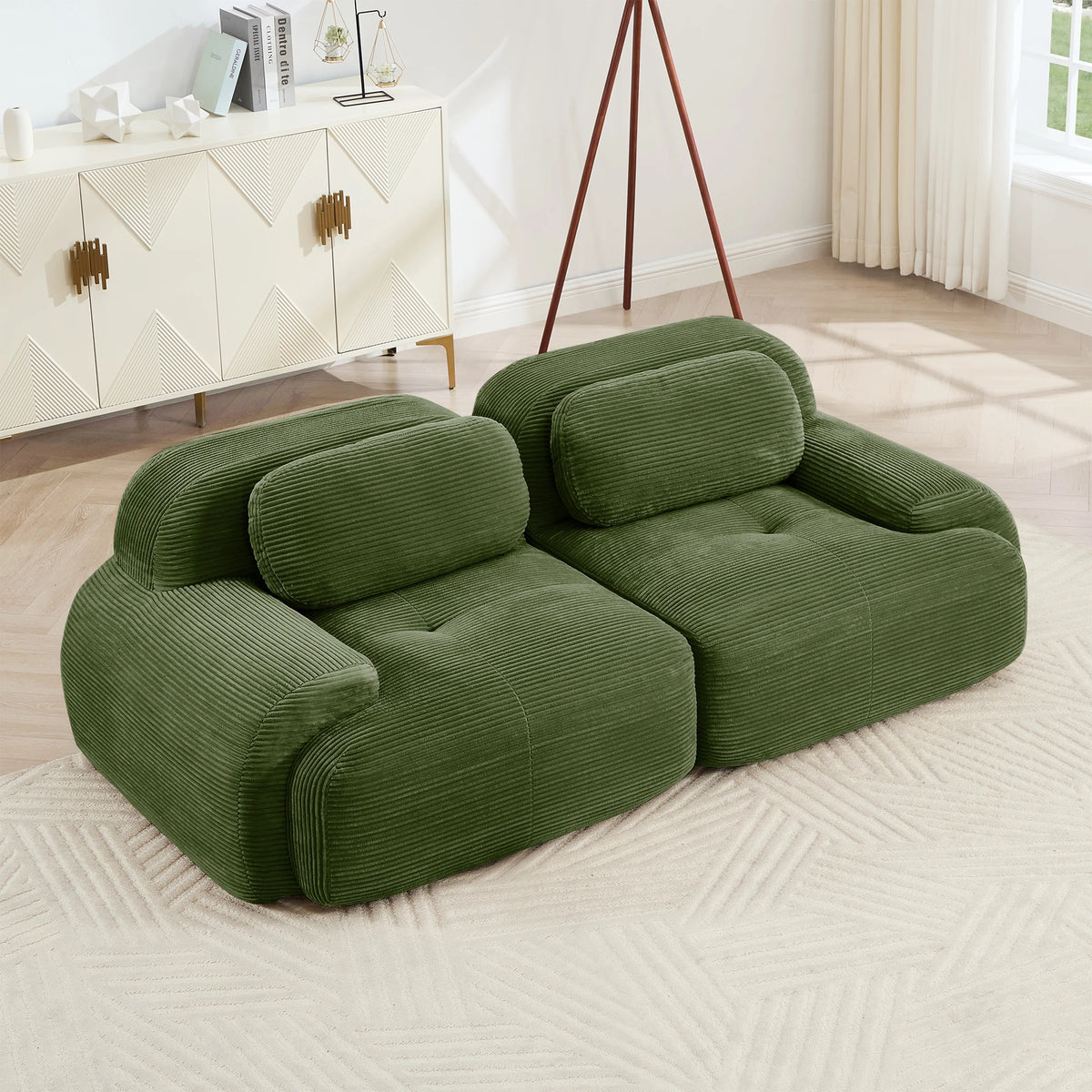 82" Loveseat Sofa in Luxury Corduroy Fabric, Modular 2-Seat Couch with Curved Armrests and Non-Slip Base, No assembly required, High-Resilience Sponge for Living Room Bedroom, Olive Green