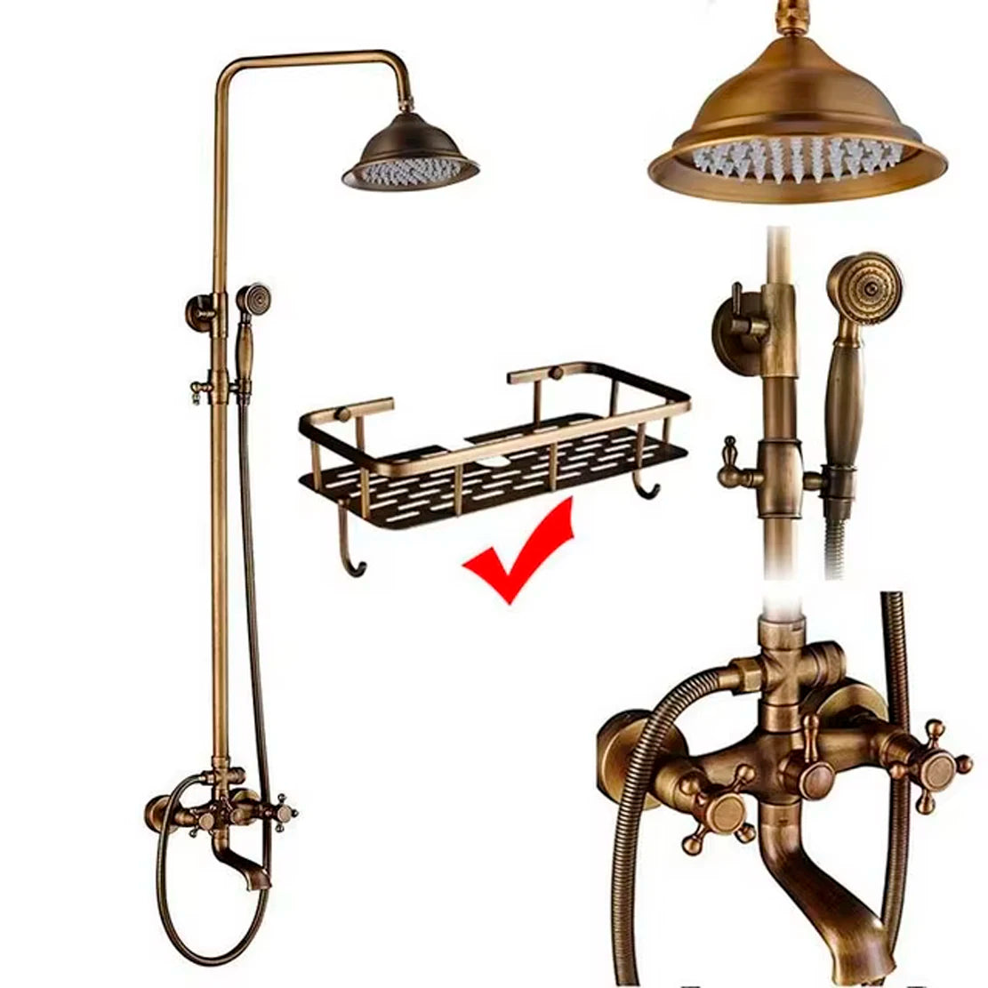 Antique Brass Shower Faucets Set Wall Mount Antique Brass Shower Kit Dual Knobs Mixer Tap Handheld Spray Bathtub Kit