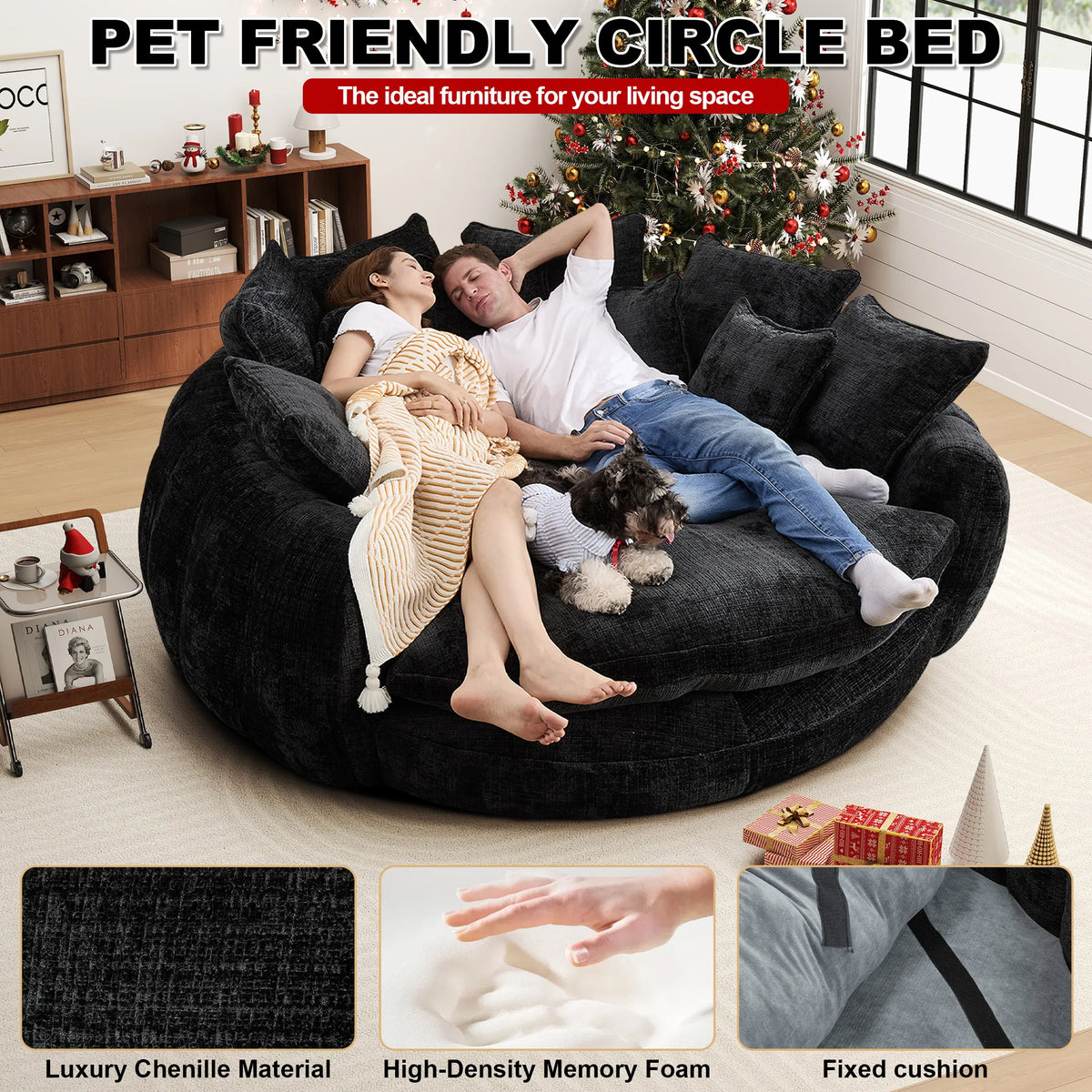 81.1" Oversized Round Chaise Lounge Sofa Bed, Chenille Fabric Circle Cloud Couch with 14 Pillows and Backrest, No Assembly Required Modern Sofa for Living Room, Black