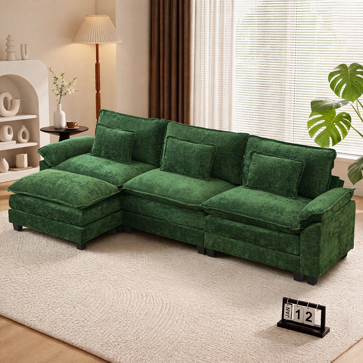 TCGBKAF 117 Inch Modular Sectional Cloud Couch, Modern L‑Shaped Corduroy Sofa with Ottoman, 3 Seater Sectional Couch with Lumbar Pillow, 2‑Layer Cushion Deep Seat Upholstered Sofa for Living Room Apartment