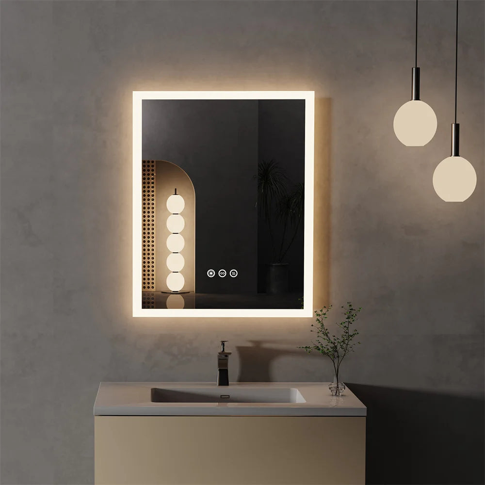 Wall Mounted LED Bathroom Mirror Smart Touch Vanity Makeup Mirror with 3 Color Dimmable Feature And Defog Function