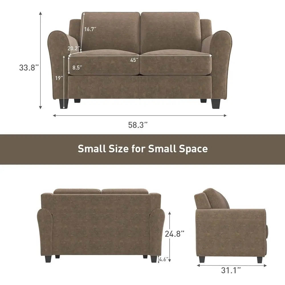 58" Brown Loveseat Sofa Couch or Living Room, 2 Seater Love Seat or Small Spaces, Couches with Thick Cushion