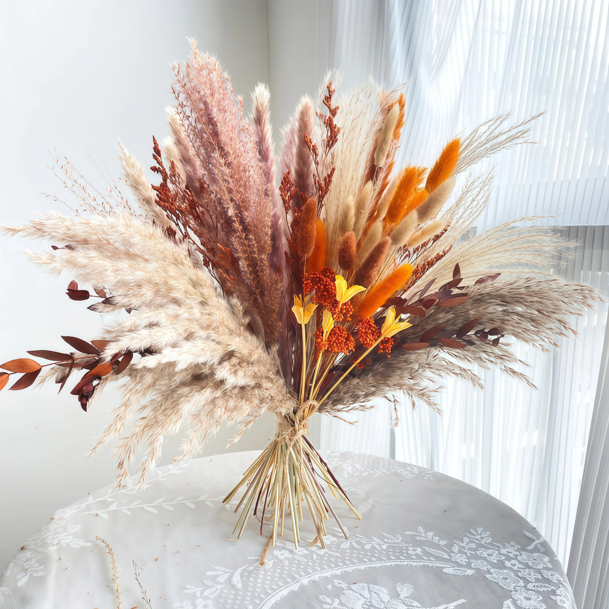 90PCS Pampas Grass Bouquet 17.5in Mixed Dried Flowers Natural Broomcorn Bunny Tails Red Eucalyptus White Pampas Orange Babys Breath Gem Grass Boho Fall Home Decor Wedding Centerpiece Table Arrangement Vase Filler Farmhouse Bo