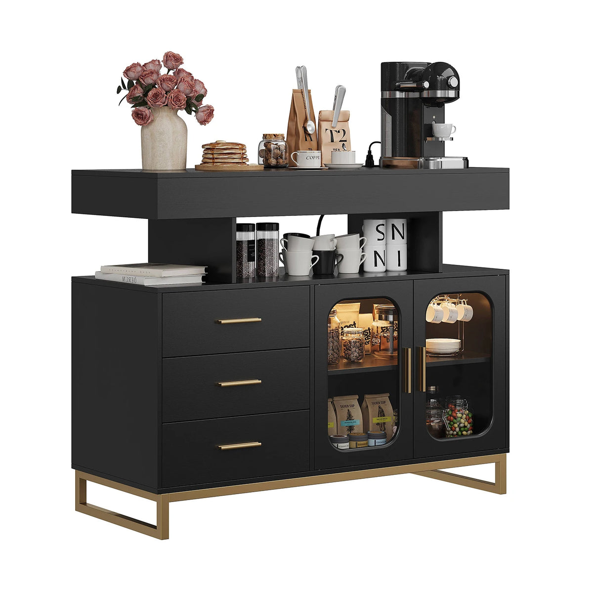 40 Inch Sideboard Buffet Cabinet With RGB LED Lights, Charging Station, 3 Drawers And 2 Doors, Coffee Bar Storage For Kitchen Living Room