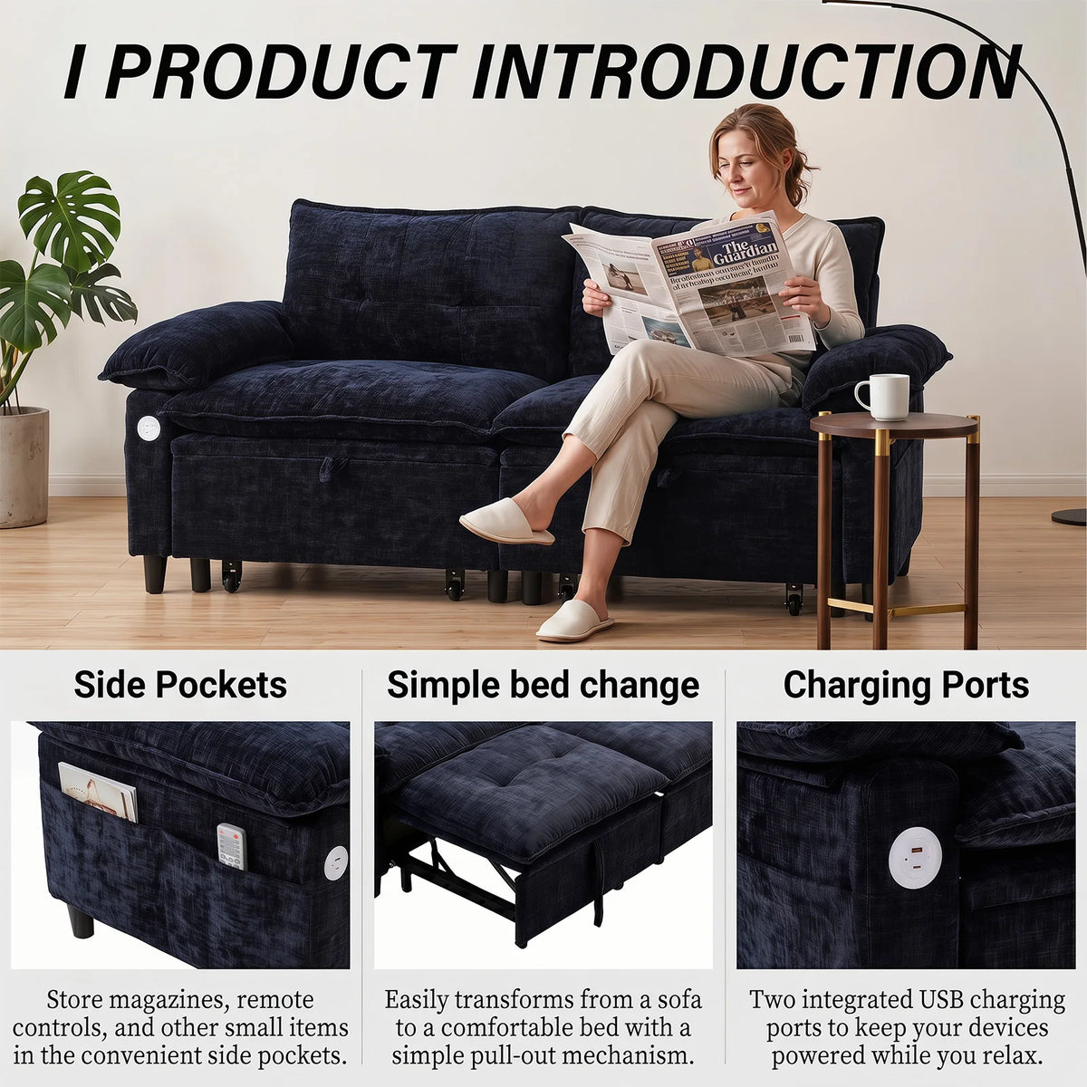 Double-person Convertible Sleeping Lounging Sofa With USB Charging Port 2-in-1 Upholstered Sofa Equipped With Thick  High-density Cushions Suitable for Small-sized Living Rooms Bedrooms Study Rooms Offices