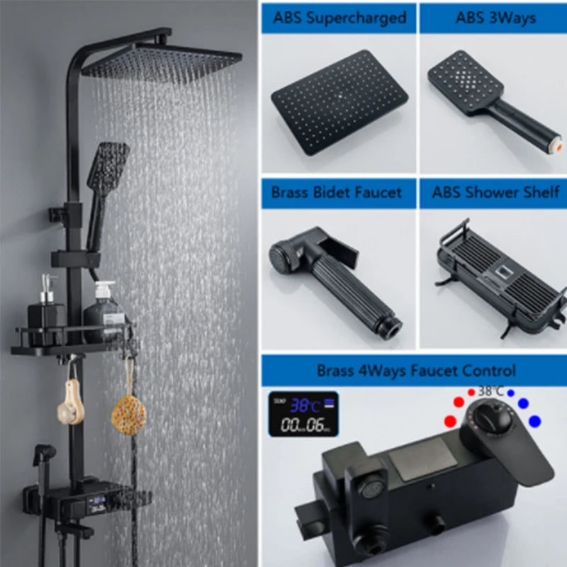 Black Smart Thermostatic Shower Faucet Set Bathroom Intelligent Rainfall Digital Mixer Tap With Rack and Bidet Bath System