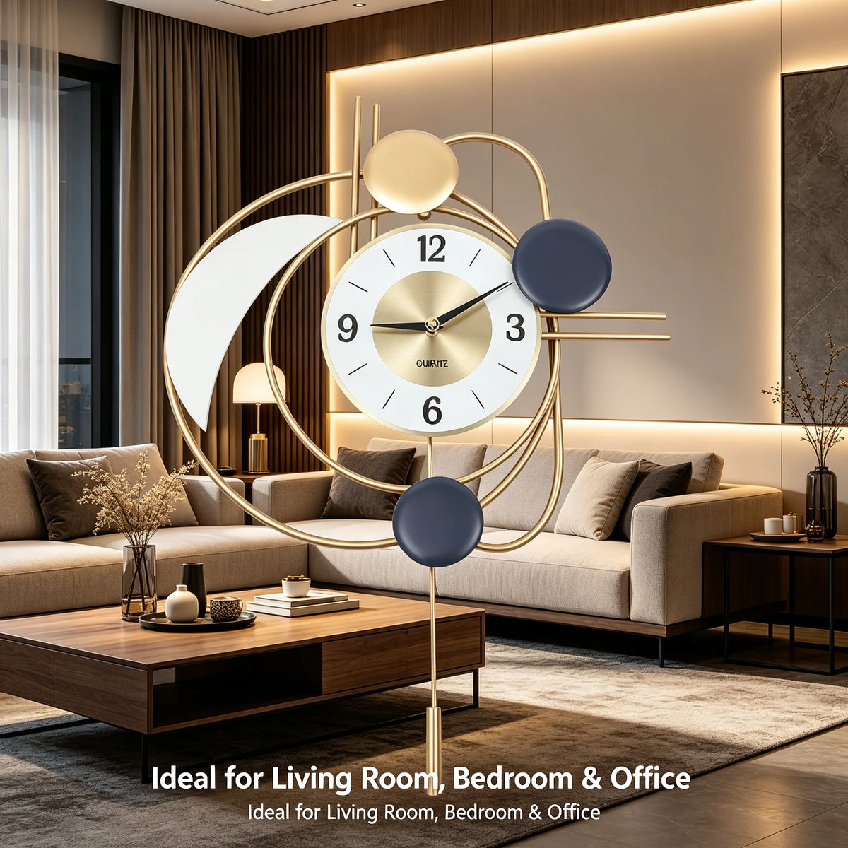 Modern Wall Clock Gold Finish 21cm Dial Silent Sweeping Quartz Movement, Large Geometric Irregular Wall Decor Clock with Bold Arabic Numerals for Living Room Office Bedroom