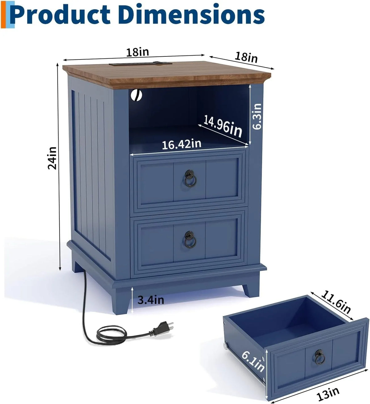 18 Inch Wood Nightstand with USB Charging Station Modern Fluted Bedside Table 2 Drawer End Table with Storage Shelf for Bedroom, Living Room, Blue