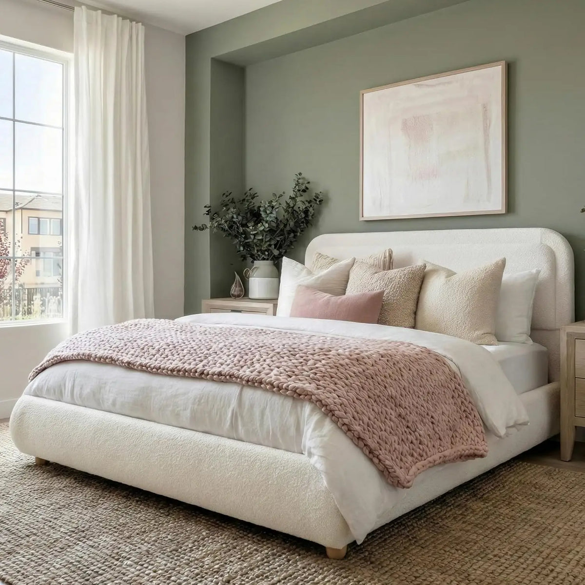 Full Size Upholstered Bed Frame Boucle Rounded Headboard Solid Wood Legs Boho Easy Assembly No Box Spring Needed, Customized