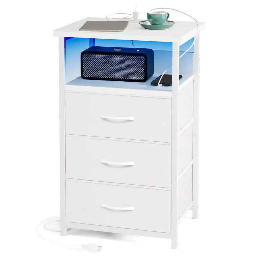 Tomnk Bedside Table With Charging Station, LED Nightstand With USB Ports And Outlets, 3 Fabric Storage Drawers With PU Finish, Bed Side Table For Bedroom, Living Room, White/Black
