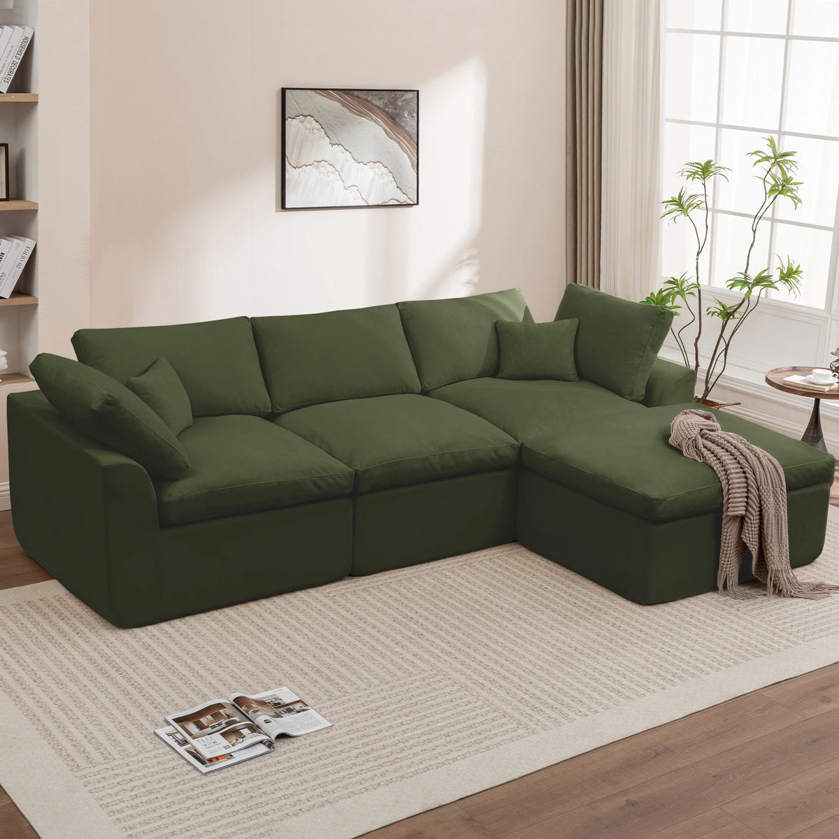 112 Inch Modular L-Shape Cloud Couch, Boneless Chenille Sectional Sofa with Spacious Deep Seats & Ottoman, Ready-to-Use Living Room Furniture
