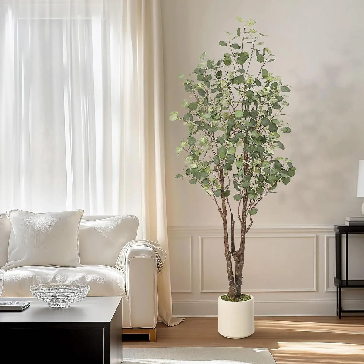 Artificial Eucalyptus Tree w/ 50 LED Lights, Pre-Potted Faux Floor Plant, Realistic Silk Multi-Stem Greenery in White Planter for Home & Office Decor Christmas Party Supplies