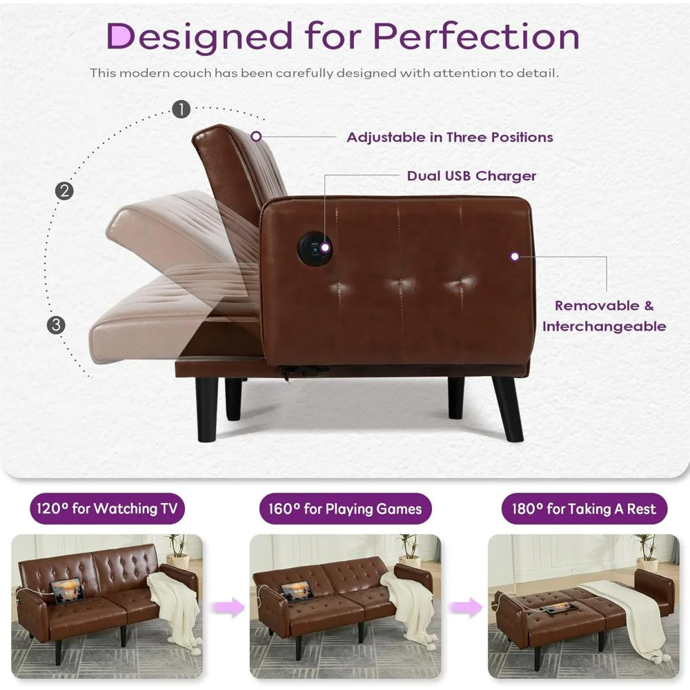 65" Brown Faux Leather Futon Sofa Bed Convertible Sleeper Loveseat 2 USB Ports Tufted Adjustable Folding Couch Space