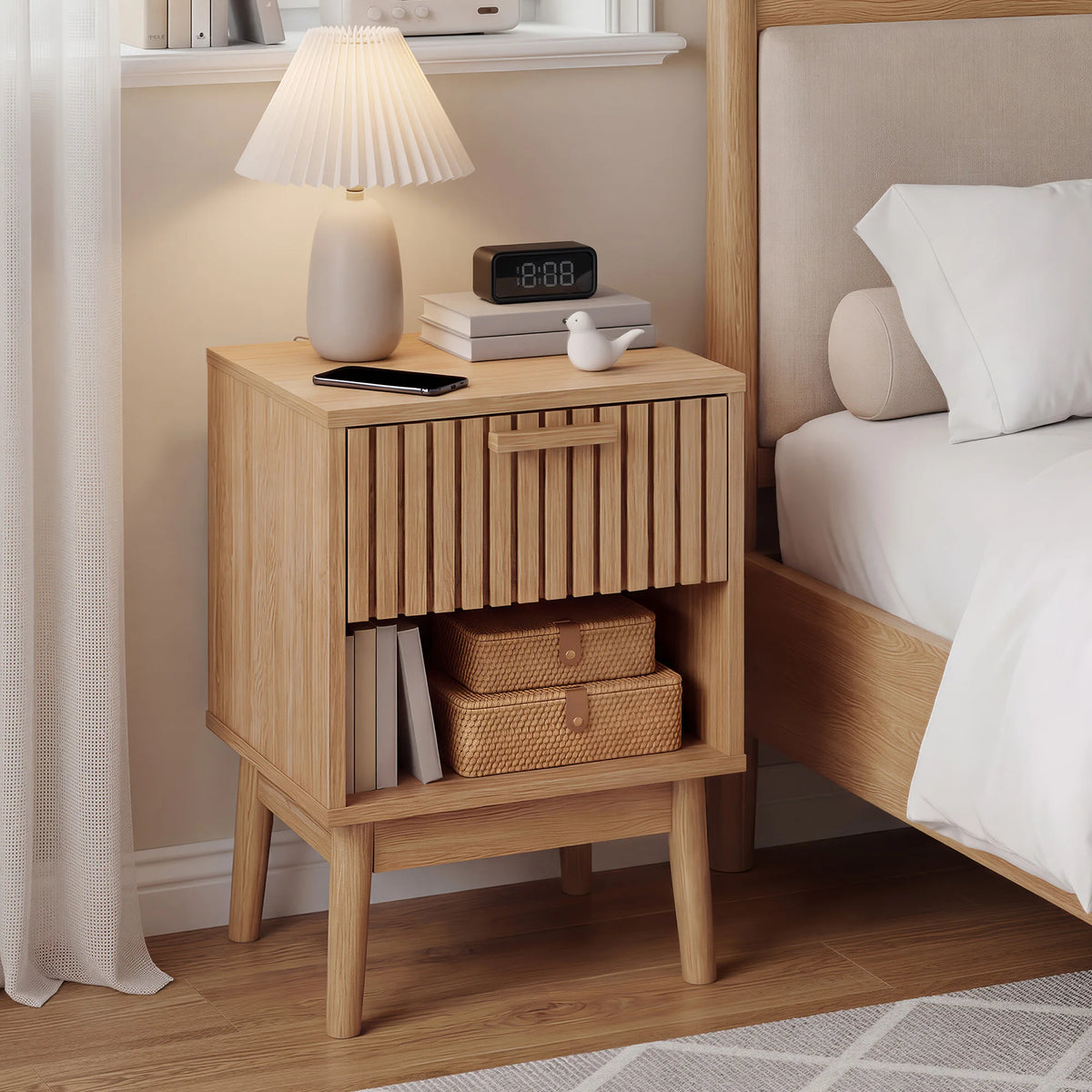 Nightstand, Small Side Table with Drawer and Open Shelf, Bedside End Table with Wood Strip Decorated Drawer for Bedroom, Dorm, Living Room and Small Spaces