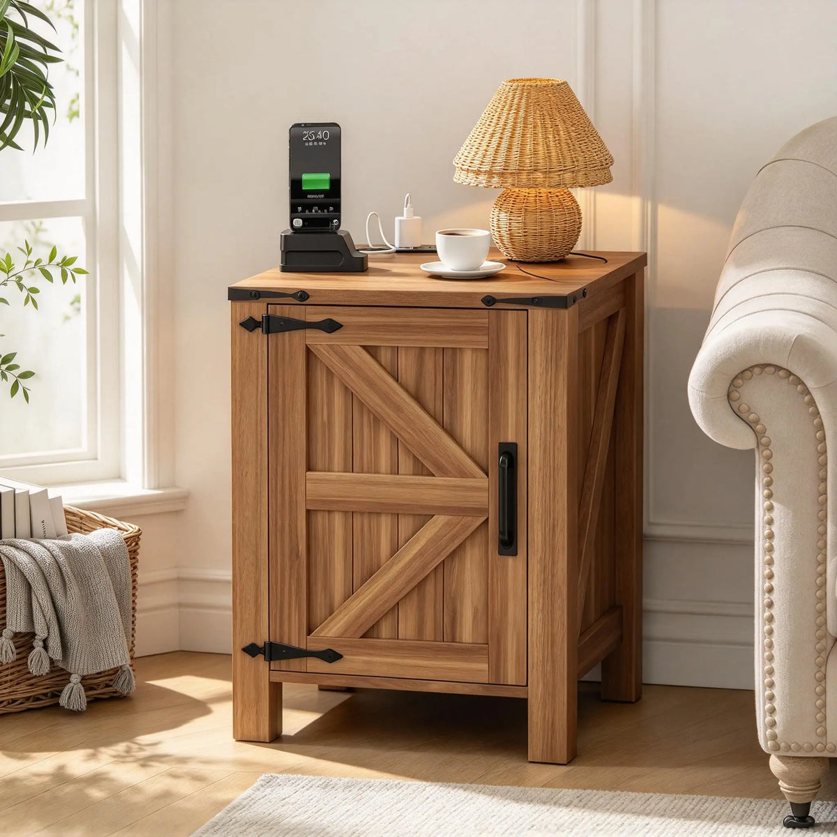 18" Farmhouse Nightstand with Charging Station for Bedroom, Living Rooms