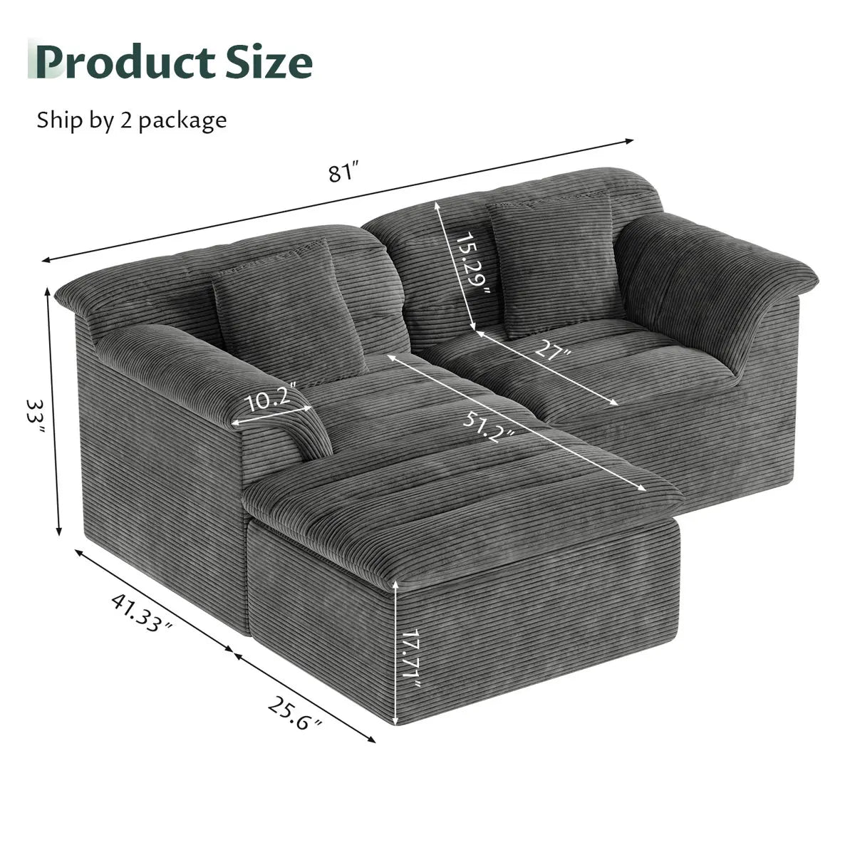 81" L-Shaped Sofa with Ottoman, Boneless Cloud Couch for Living Room, Apartment, No Assembly Required