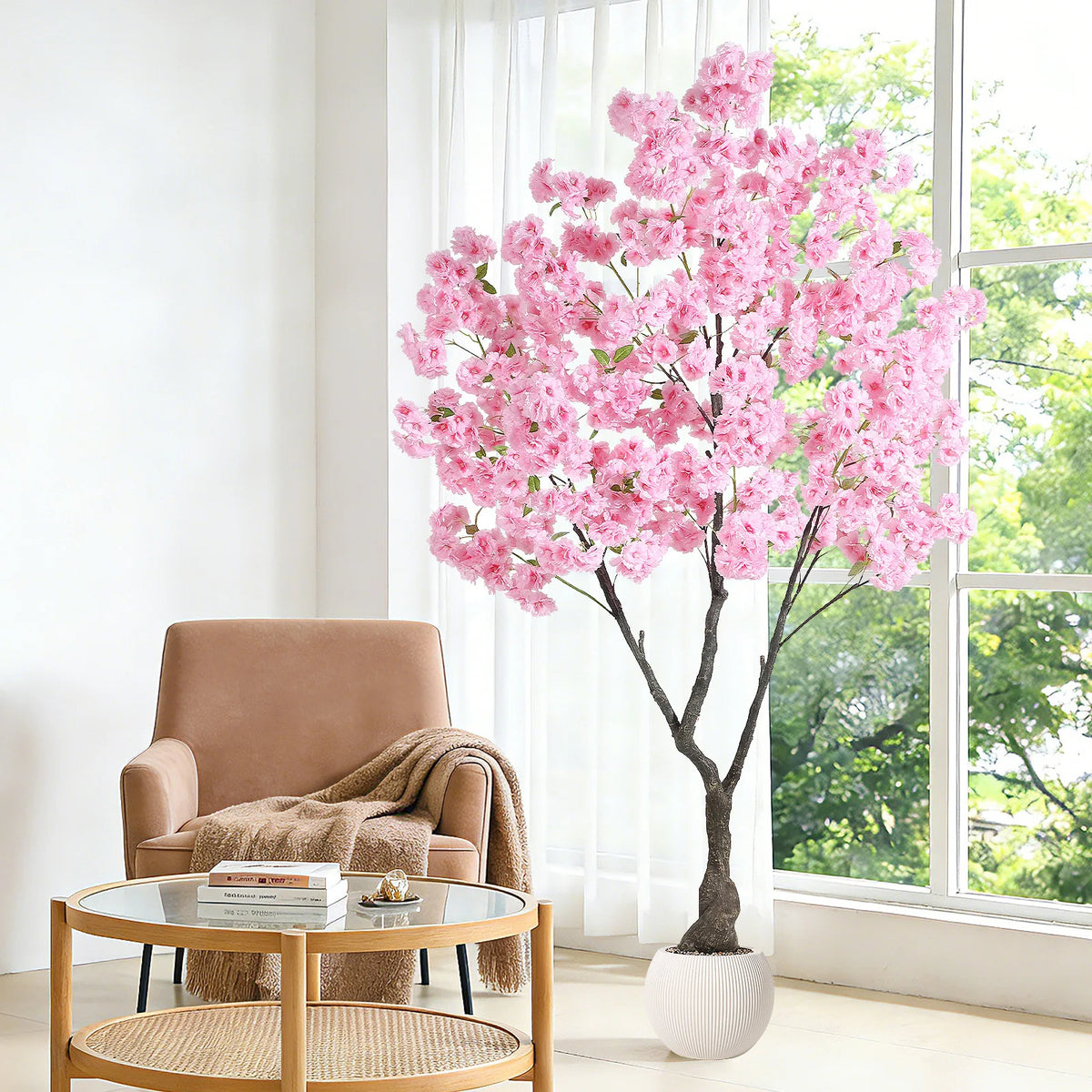 Artificial Cherry Blossom Tree with White Planter & Adjustable Branches, Realistic Faux Floral Tree for Indoor Home Living Room Decor, Pink