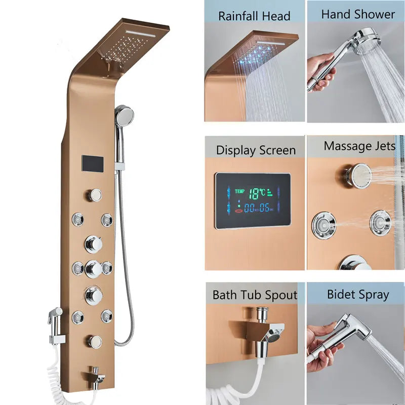 LED Bath Shower Faucet Digital Display Bath Shower Panel Tower Shower Column Waterfall LED Shower Head W Body Masssage SPA Jet