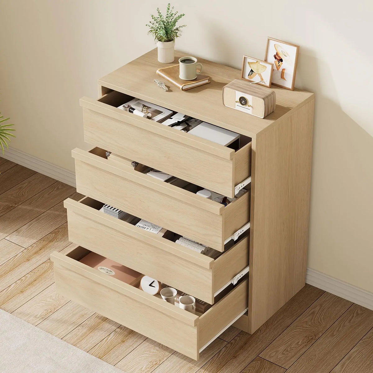 4 Drawer Nightstand Wooden Bedside Table With Large Storage, Modern End Side Cabinet For Bedroom