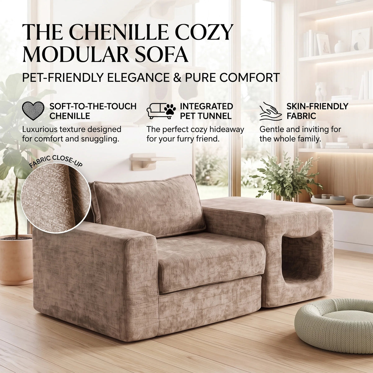 US Local Stock Compressed Modular Chenille Sofa Built‑in Pet Cave No Assembly Pet‑Friendly Couch For Living Room Apartment Small Space