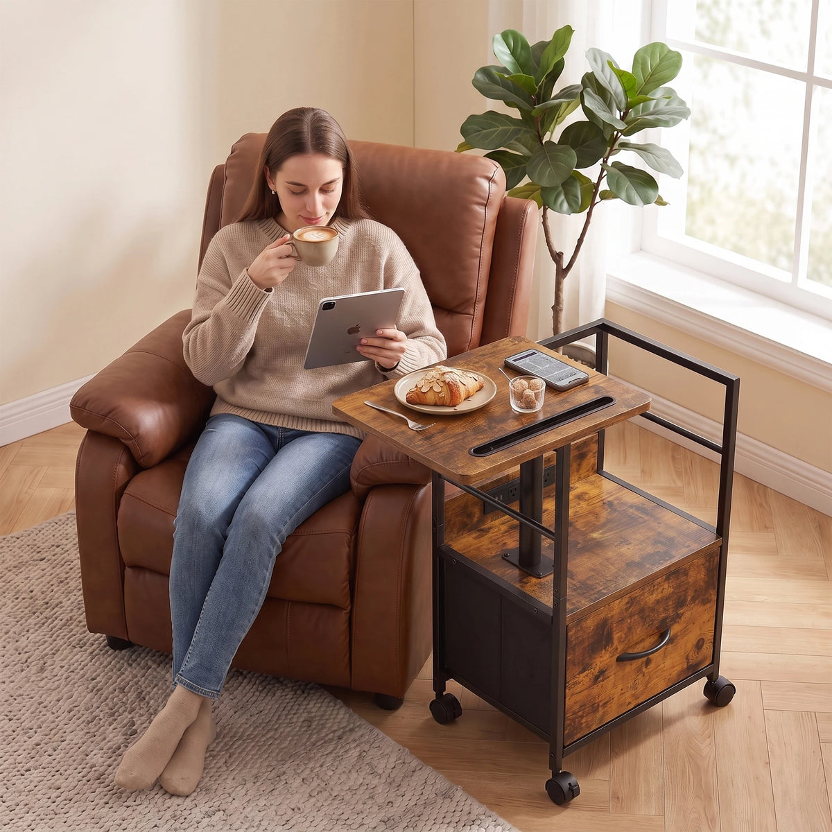 Rolling Bedside Table With 360 Degree Swivel Top And Charging Station Adjustable Height Nightstand With Storage Drawer And Wheels Brown Gray Black For Bedroom Living Room