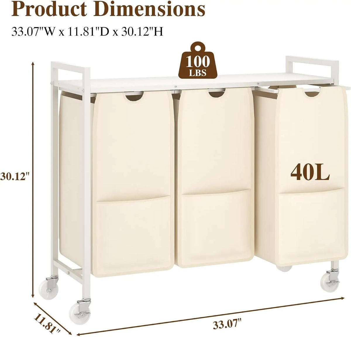 Laundry Sorter 3 Section, Laundry Hamper with Wheels, 120L Laundry Basket with Shelf, Removable Bags, Pockets, for Laundry Room, Bathroom & Bedroom