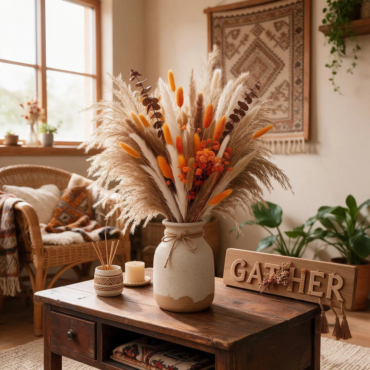 90PCS Pampas Grass Bouquet 17.5in Mixed Dried Flowers Natural Broomcorn Bunny Tails Red Eucalyptus White Pampas Orange Babys Breath Gem Grass Boho Fall Home Decor Wedding Centerpiece Table Arrangement Vase Filler Farmhouse Bo