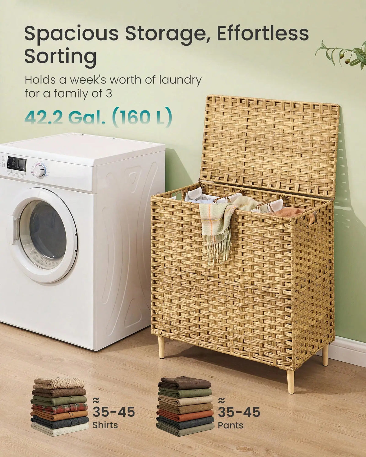 Laundry Hamper With Lid, 42.2 Gal (160L) PE Rattan Laundry Basket With Removable Washable Liners, For Bedroom & Living Room