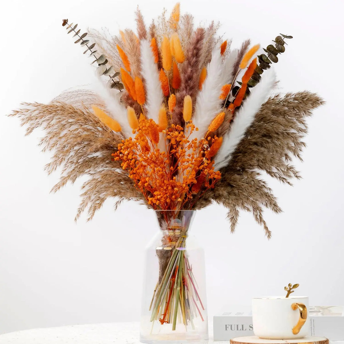 90PCS Pampas Grass Bouquet 17.5in Mixed Dried Flowers Natural Broomcorn Bunny Tails Red Eucalyptus White Pampas Orange Babys Breath Gem Grass Boho Fall Home Decor Wedding Centerpiece Table Arrangement Vase Filler Farmhouse Bo