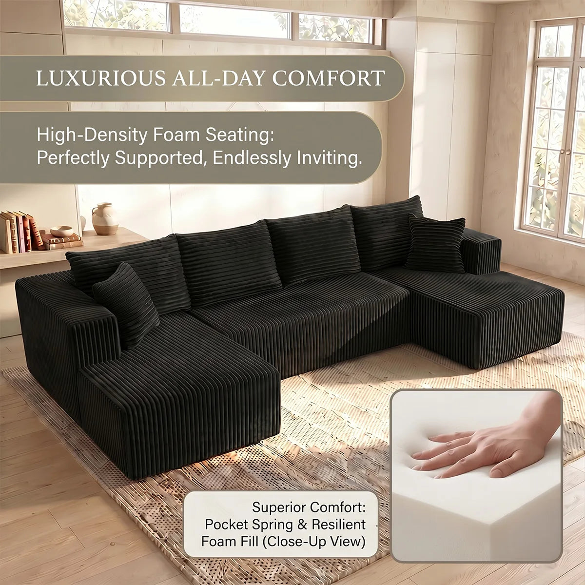 Black Striped Corduroy L Shape Sectional Sofa Double Reversible Chaise Modular Oversized Cloud Couch No Assembly Compressed Packaging Cozy Living Room Home Furniture