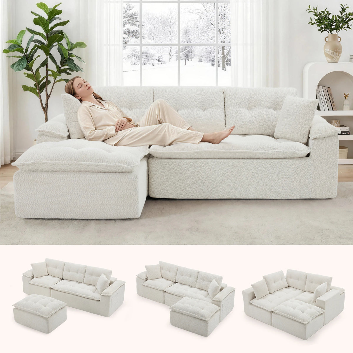 110" Modern L Shape Boneless Cloud Sectional Sofa, Chenille Deep Seat Modular Couch with Ottoman, No Assembly Needed