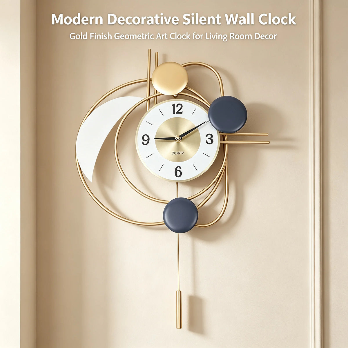 Modern Wall Clock Gold Finish 21cm Dial Silent Sweeping Quartz Movement, Large Geometric Irregular Wall Decor Clock with Bold Arabic Numerals for Living Room Office Bedroom