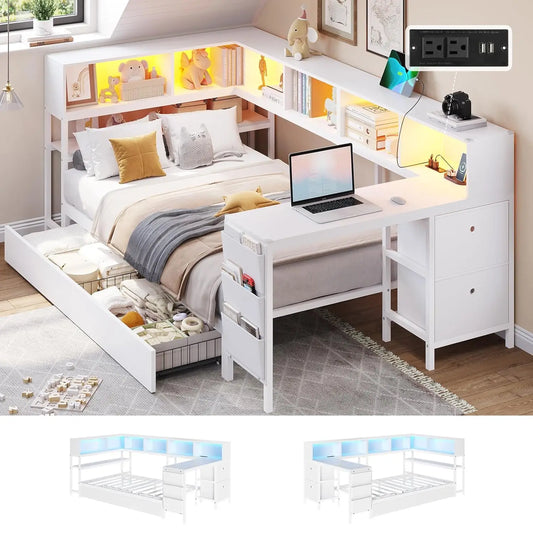 Corner Twin Bed Frame With Desk, Charging Station And Bookcase Storage Metal Platform Bed Frame With Storage Drawers And Led Light