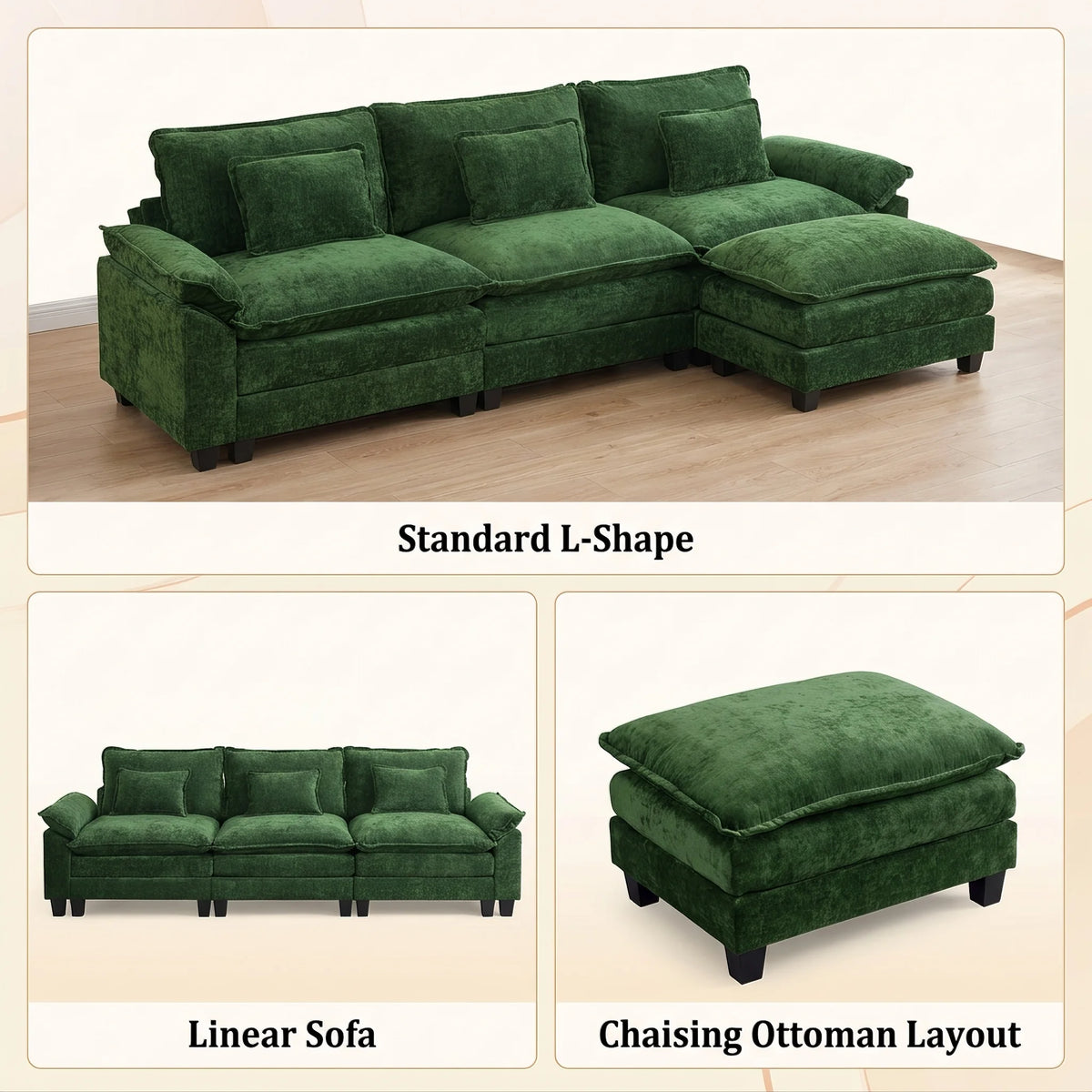 TCGBKAF 117" L‑Shaped Modular Cloud Sectional Sofa, Green Corduroy 3 Seater Couch with Ottoman Lumbar Pillow, 2‑Layer Deep Seat Cushion for Living Room Apartment