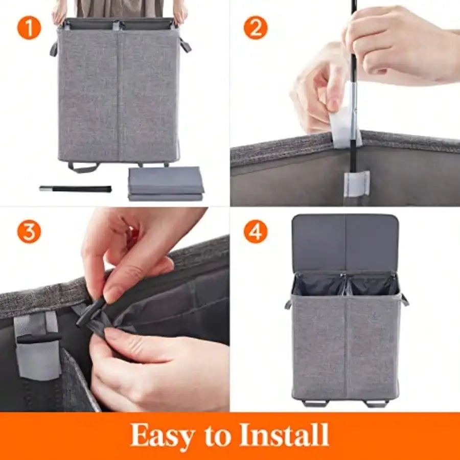 Double Laundry Hamper With Lid And Removable Laundry Bags Large Collapsible 2 Dividers Dirty Clothes Basket With Handles 136L Gray