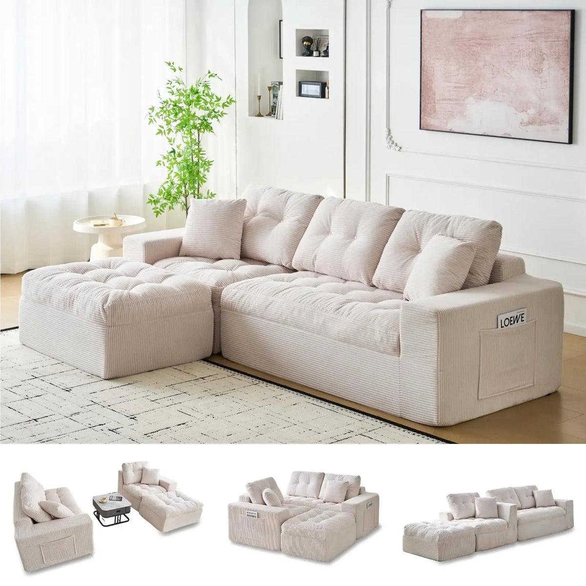 104" Modular Cloud Couch Sectional Sofa With Ottoman, Boneless L Shaped Corduroy Couch, Deep Seat, No Assembly